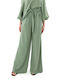 Black n Black Women's High-waisted Linen Trousers in Wide Line Green