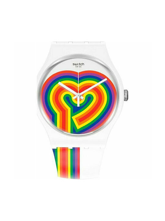 Swatch Beatpink Love Uhr mit Weiß Kautschukarmband