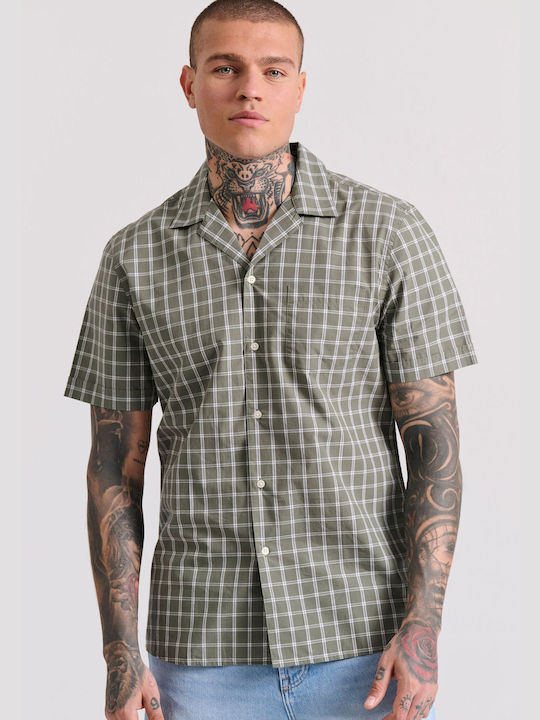 Funky Buddha Men's Shirt Short Sleeve Cotton Checked Khaki