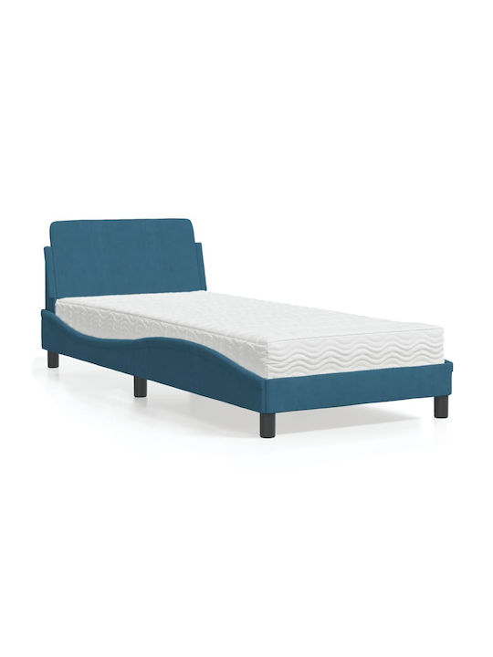 Κρεβάτι Μονό Επενδυμένο με Ύφασμα Μπλε με Τάβλες & Στρώμα 90x200cm