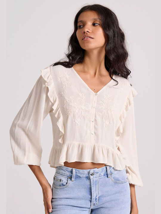 Funky Buddha Women's Blouse Long Sleeve with V Neckline White