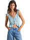 Emilia Damen Sommer Crop Top Leinen Ärmellos mit V-Ausschnitt Blumen Blau