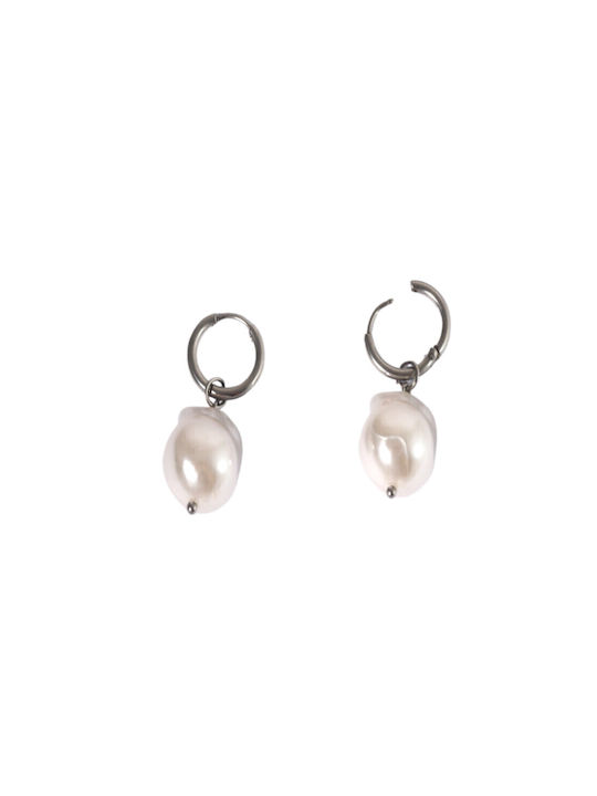 Open Hoop Irregular Acrylic Pearl White Hanging Earrings Stainless Steel 16x13mm/set Silver
