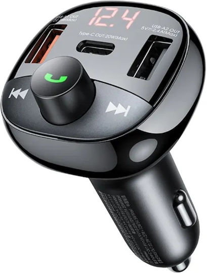 Remax Car Charger 54.5W with Ports 2xUSB-A 1xType-C including Type-C Cable and FM Transmitter Black Colour
