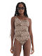 Only One-Piece Swimsuit with One Shoulder Animal Print Brown