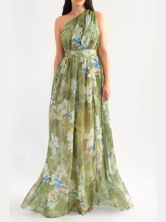 Carmen Khaki Maxi Floral Dress One Shoulder