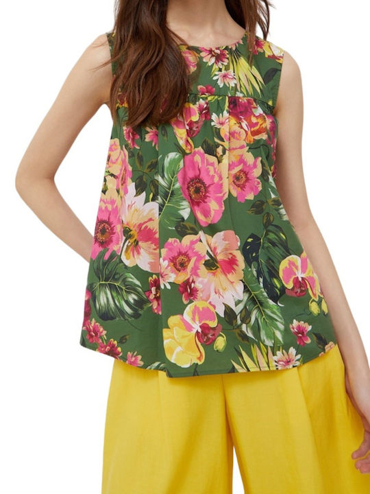 Liu Jo Damen Sommer Bluse Baumwolle Ärmellos Blumen Grün