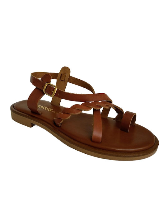 Ioannis Leather Women's Flat Sandals in Tabac Brown Color