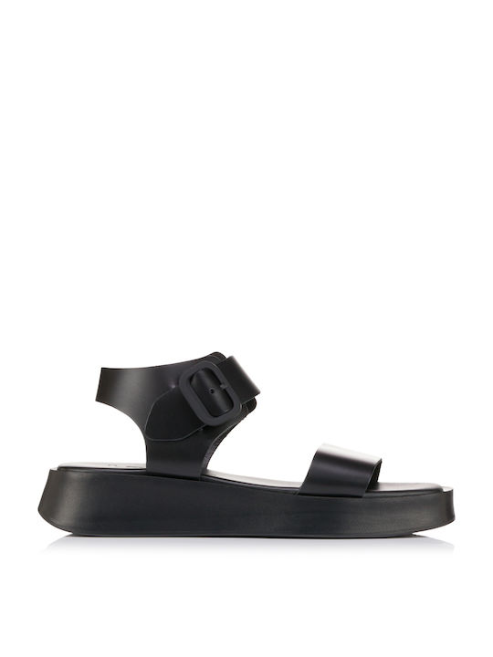 Lady Shoes Leather Women's Sandals with Ankle Strap Black