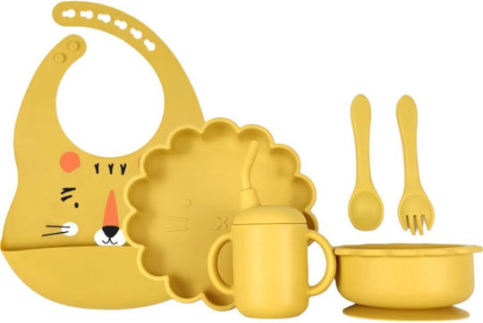 Queen Mother Tigaki Feeding Set Made of Silicone with Anti-Slip Base Yellow 6 Pieces for 6+ Months