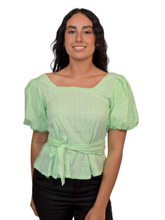 Morena Spain Women's Blouse Cotton Short Sleeve Checked Green