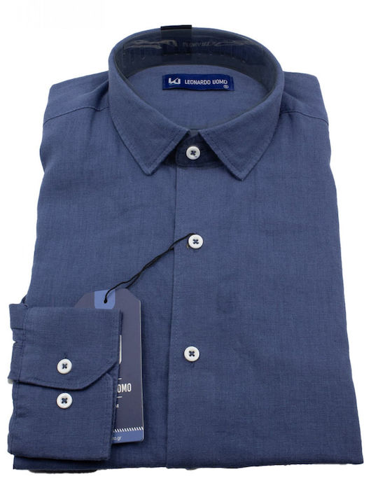 Leonardo Uomo Men's Shirt Long-sleeved Linen Blue