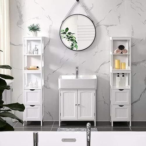 Songmics Floor Bathroom Shelf Wooden with 3 Shelves 30x30x141.5cm White
