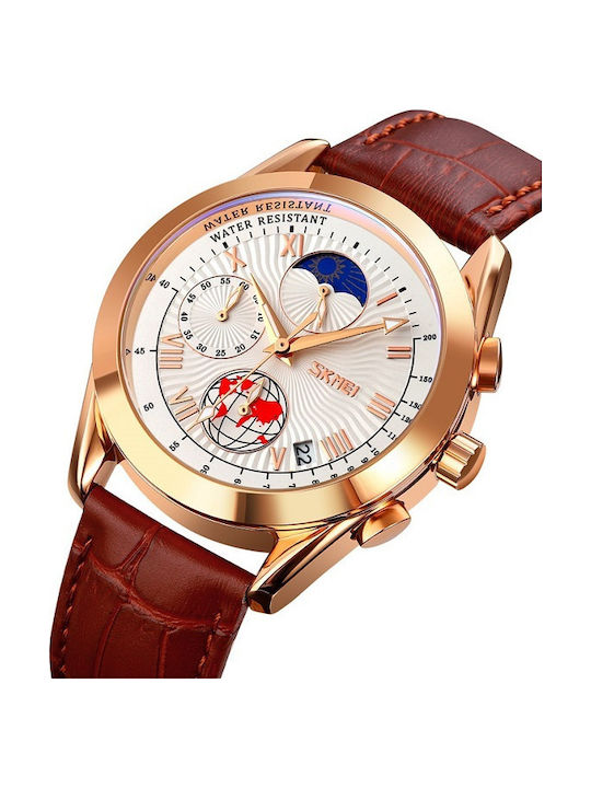 Skmei Men's Watch 40mm Battery with Leather Strap Brown Gold