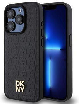 Carcasă Dkny din piele PU cu model repetitiv și logo suprapus Magsafe pentru iPhone 13 Pro, negru