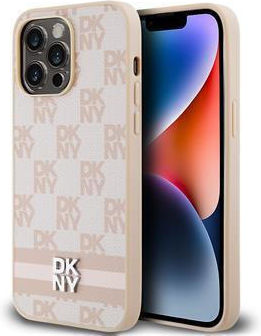 Dkny Pu Leather Checkered Pattern Stripe Case Iphone 15 Pro Max Pink
