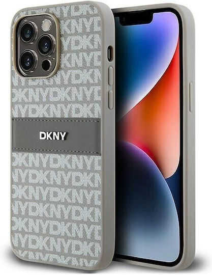 Carcasă din piele PU cu model repetitiv și dungi tonale DKNY pentru iPhone 14 Pro, bej