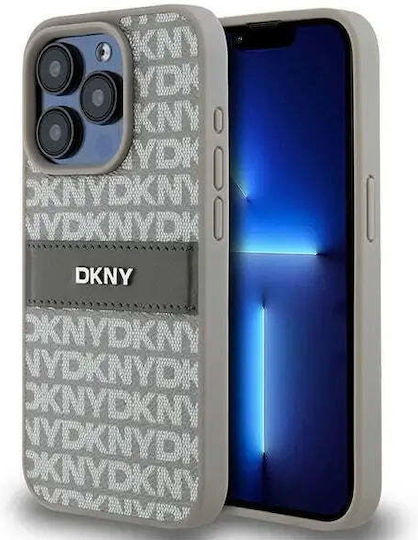 Carcasă din piele PU DKNY cu model repetitiv și dungi tonale pentru iPhone 15 Pro, bej