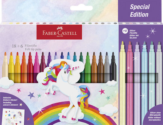 Faber-Castell Felt-tip Unicorn Μαρκαδόροι Ζωγραφικής Λεπτοί, με Glitter Σετ 24 χρώματα