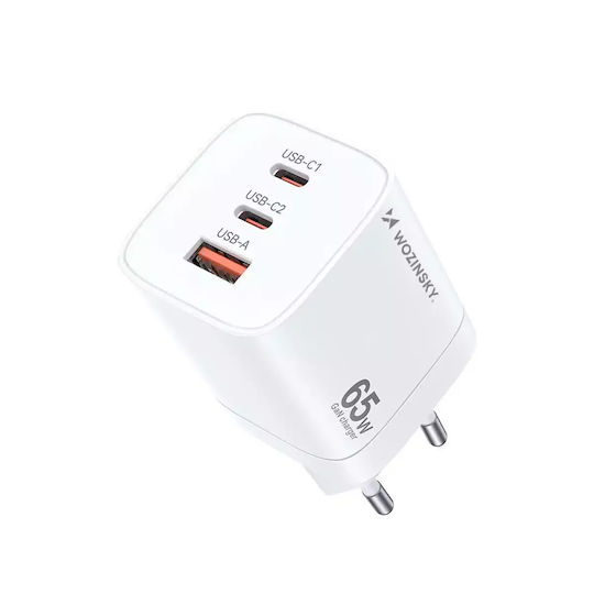 Wozinsky Charger Without Cable GaN with USB-A Port and 2 USB-C Ports 65W Whites (CGWCW)