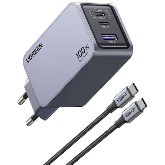 Ugreen Charger GaN with USB-A Port and 2 USB-C Ports and Cable USB-C - USB-C 100W Power Delivery / Quick Charge 4+ Gray (Nexode Pro)