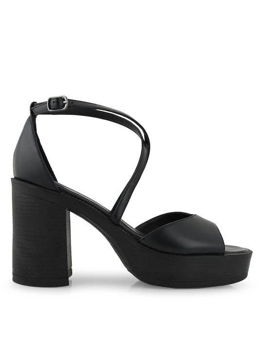 Tsakiris Mallas Leather Women's Sandals Black with High Heel