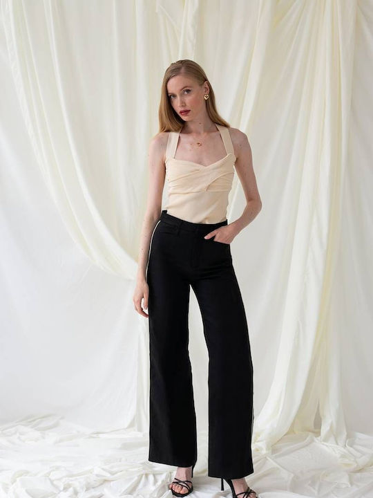 Linen Black Striped Contrast Trousers Eva Mind Matter Black