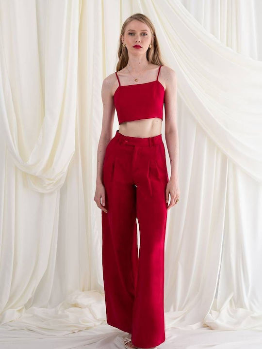 Linen High-Waisted Red Trousers Yasmine Mind Matter Red