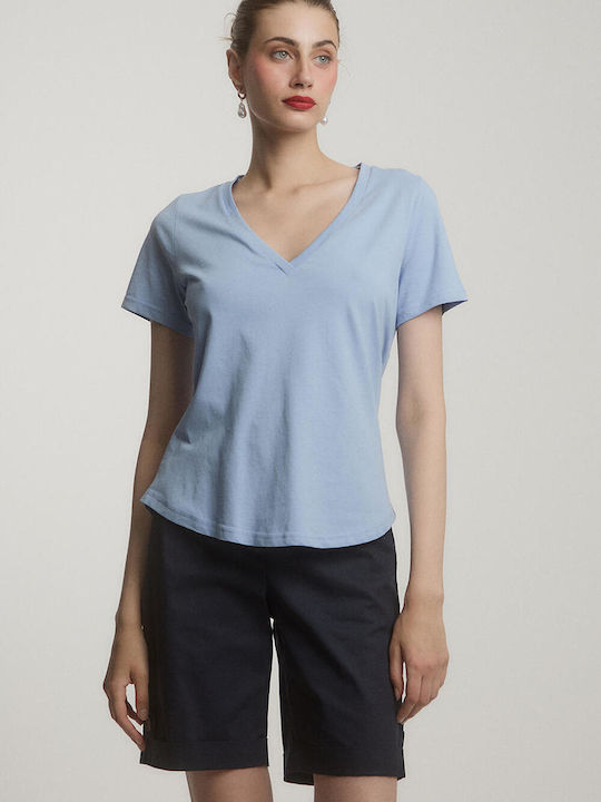 Bill Cost Women's Blouse Cotton Short Sleeve with V Neck Blue
