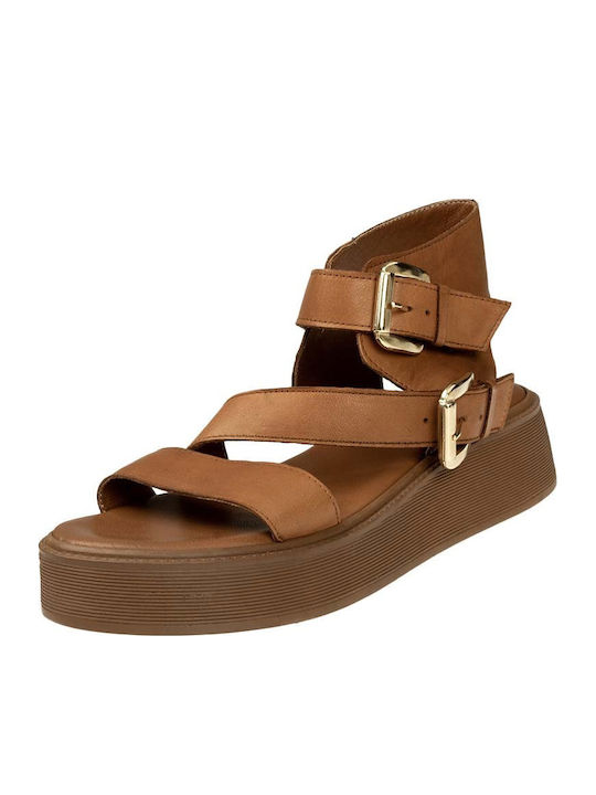 Leder Flache Sandalen für Damen Flatforms in Tabac Braun Farbe