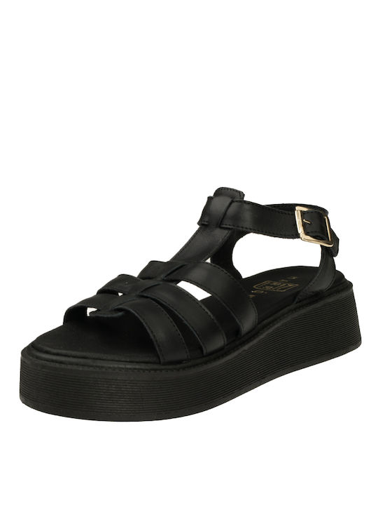 Marron Leder Damen Flache Sandalen Flatforms in Schwarz Farbe