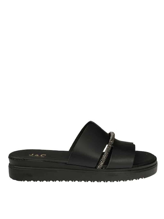 J&C Flatforms Leather Women's Sandals with Strass Black