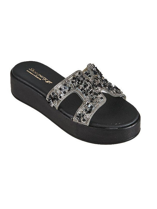 Elenross Flatforms Women's Sandals with Stones Black