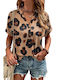 Amely Women's Blouse Short Sleeve with V Neckline Animal Print Beige