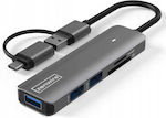 Zenwire USB 3.0 3 Port Hub with USB-A / USB-C Connection Gray