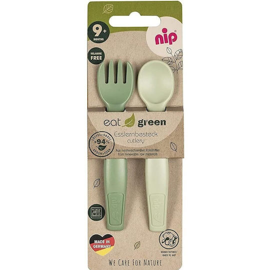 Nip Baby Set with Fork made of Plastic for 9+ months Green 2pcs