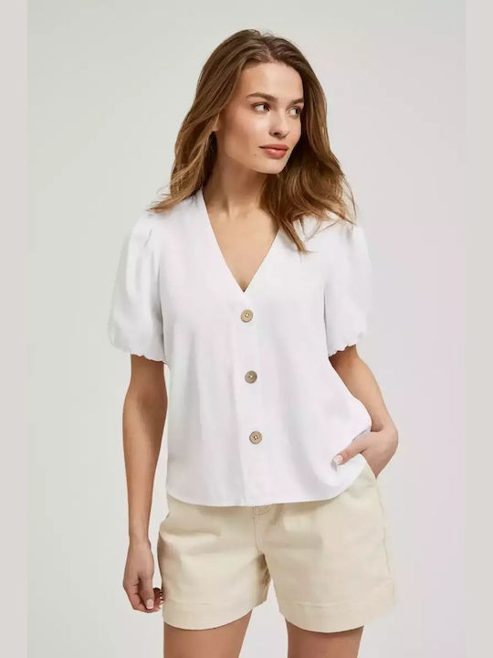 Make your image Women's Linen Short Sleeve Shirt White