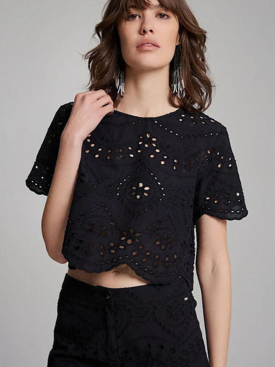 Perforated Crop Top with Rhinestones Togetherland-bsb Women's Black Cotton Black