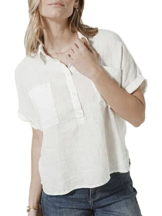 C'est Beau La Vie Women's Summer Blouse Linen Short Sleeve White