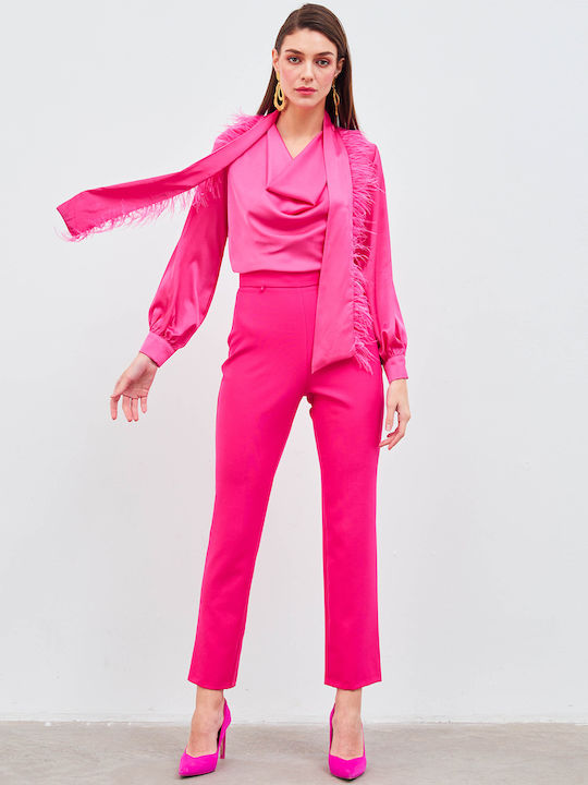 Pink Elegant Satin Blouse with Scarf Feathers