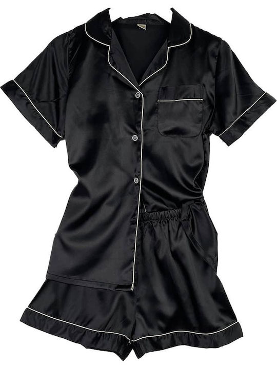 Women's Satin Pajama Set Short Sleeve Shirt Sho...