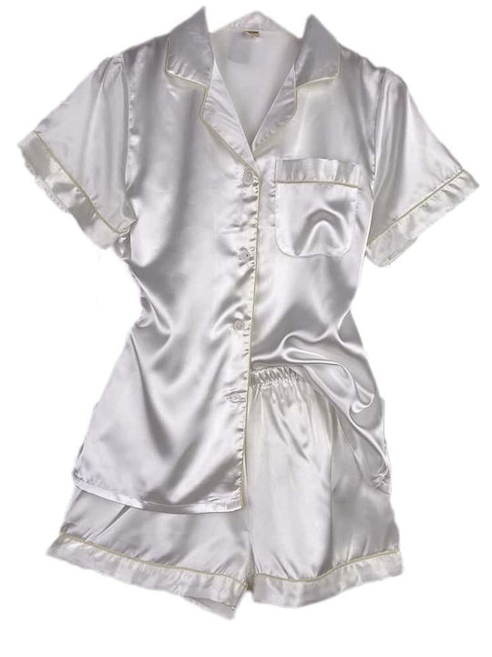 Bridal Satin Pyjama Set Short-Sleeve Shirt Shorts Slim Fit White