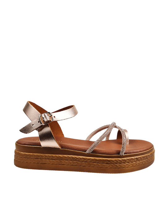 Bronze Flatforms Cross Strap Rhinestone & Toe