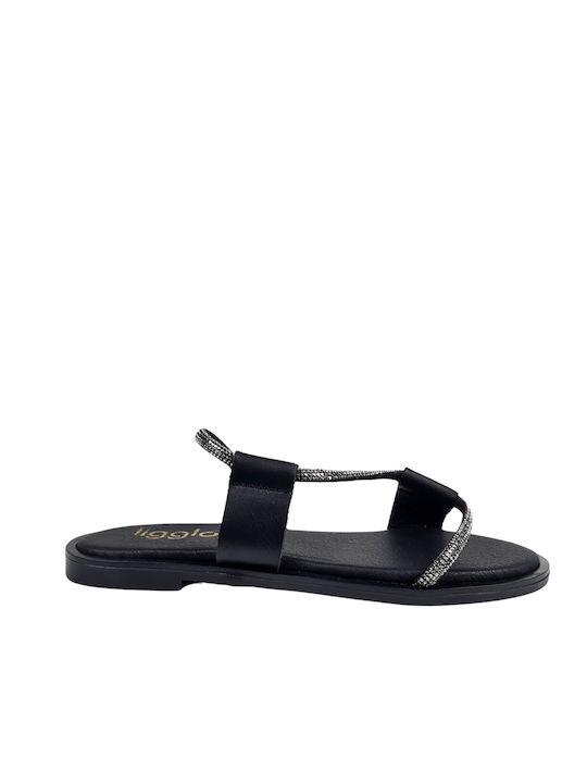 Sandale plate negre cu combinație de strasuri și piele