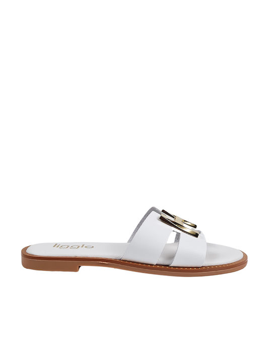 White Leather Flat Sandals with Gold Embellishment