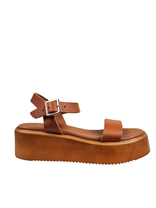 Tan Leather Flatforms with Gold Buckle