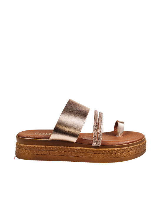 Bronze Flatforms mit doppelten Riemen, Strasssteinen und breitem Band