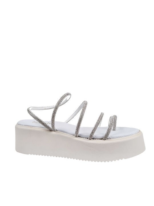 Sandale plate albe cu curele și pietre strălucitoare