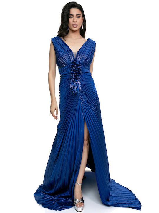 Pleated Blue Deep Floral Decoration Dress with Slit