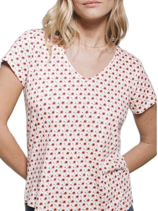 C'est Beau La Vie Women's T-shirt with V Neck Floral White